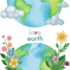  Love earth illustration or background with watercolor style earth, flowers, leaves and clouds for international earth day theme.