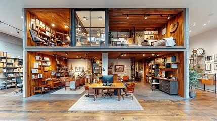 Cozy and inviting home office space with wooden bookshelves modern furniture and artfully displayed decor elements creating a warm and productive work environment