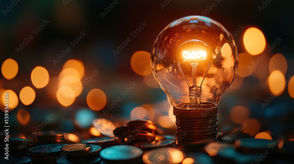 Poster a glowing light bulb surrounded by coins, creating a warm, inviting atmosphere with a bokeh backgrou