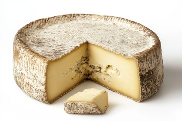 A round cheese wheel with a piece removed and a slice