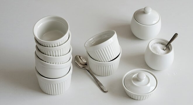 Stack of Small Ceramic Bowls and Sugar Bowls with Spoon Still Life