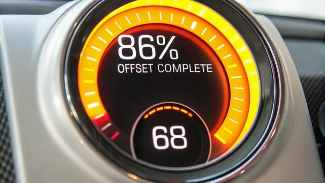Climate action carbon offset. A close-up of a car gauge displaying "86% OFFSET COMPLETE" alongside a numerical value of "68," indicating a status update.