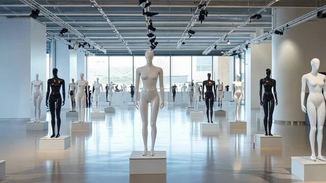 Several white and black plastic female mannequins stand on white square platforms in a large, modern, bright showroom with gray flooring, white walls, and a large window
