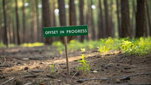 Climate action carbon offset. A wooden sign reading "OFFSET IN PROGRESS" is placed on the forest floor among greenery and tree trunks.