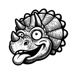 Funny Triceratops Head Cartoon with Tongue Out and Goofy Expression in Black and White Drawing