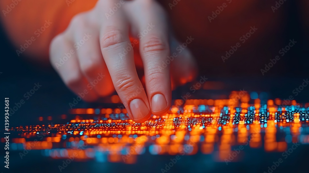 Poster close-up finger touching glowing digital surface, illustrating interaction with technology and advan