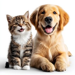 Fototapeta premium Adorable Kitten and Golden Retriever Puppy Posing Together on White Background for a Captivating Portrait