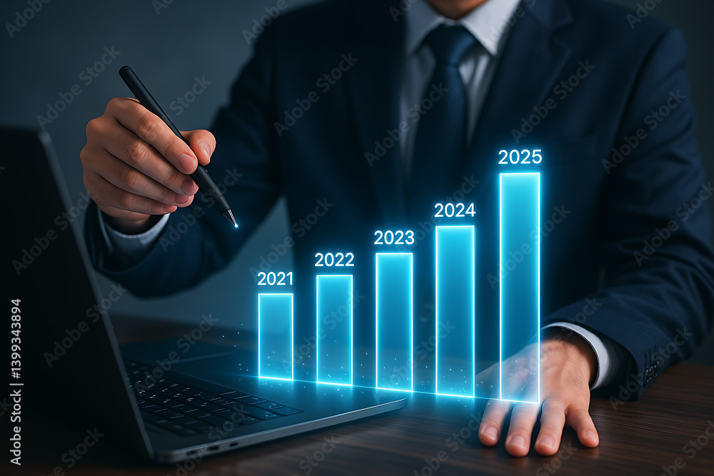 Poster businessman analyzing digital bar chart from 2021 to 2025 with futuristic glowing graph showing fina
