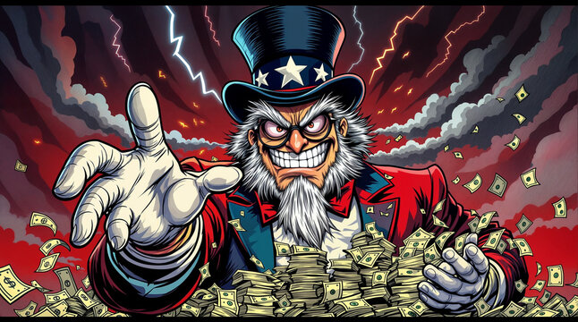 A fierce cartoon Uncle Sam grins maniacally while surrounded by piles of cash, lightning flashing behind him. Symbolic satire of government greed, taxes, inflation, or financial overreach. Comic style