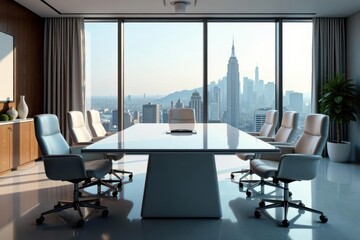 Sleek glass conference table, panoramic city view, elegant chairs , interior, luxury, urban