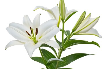 Fototapeta premium White lily blossoms open, standing tall in a botanical garden, serene beauty for greetings cards