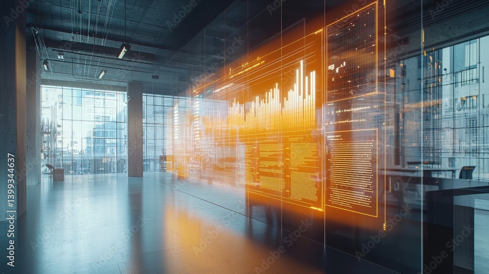 Poster a modern office space featuring digital data visualizations in vibrant colors, emphasizing a tech-dr