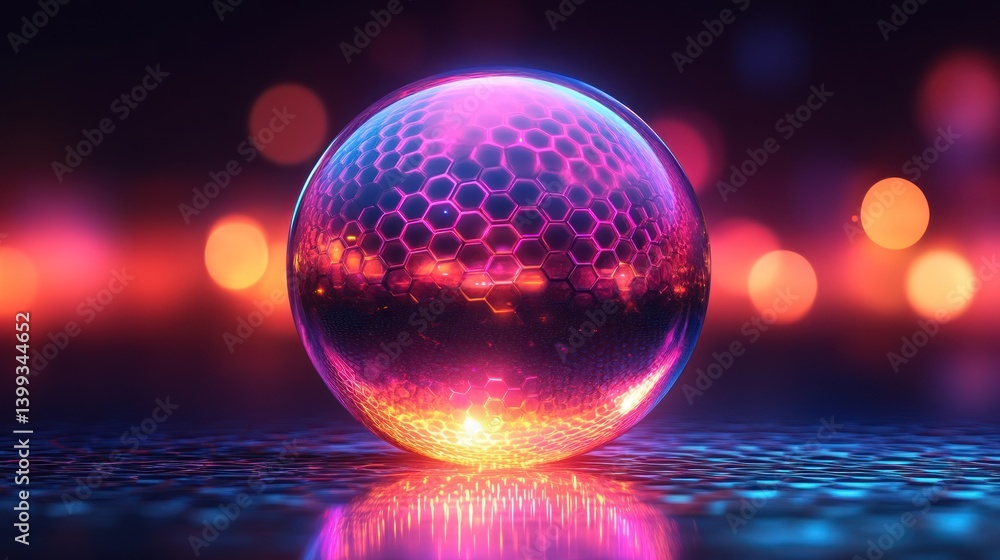 Aufkleber vibrant pink and purple sphere with hexagonal pattern, reflecting light on dark background.