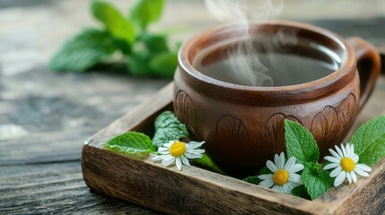 Steaming Cup of Herbal Tea Surrounded by Fresh Mint and Daisies on Rustic Wooden Table