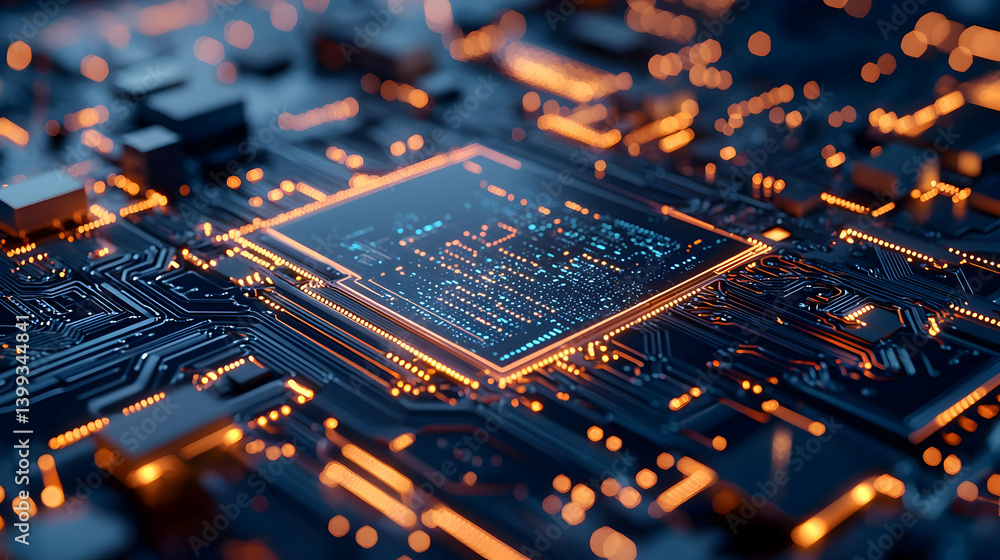 Poster close up of glowing circuit board with microchip