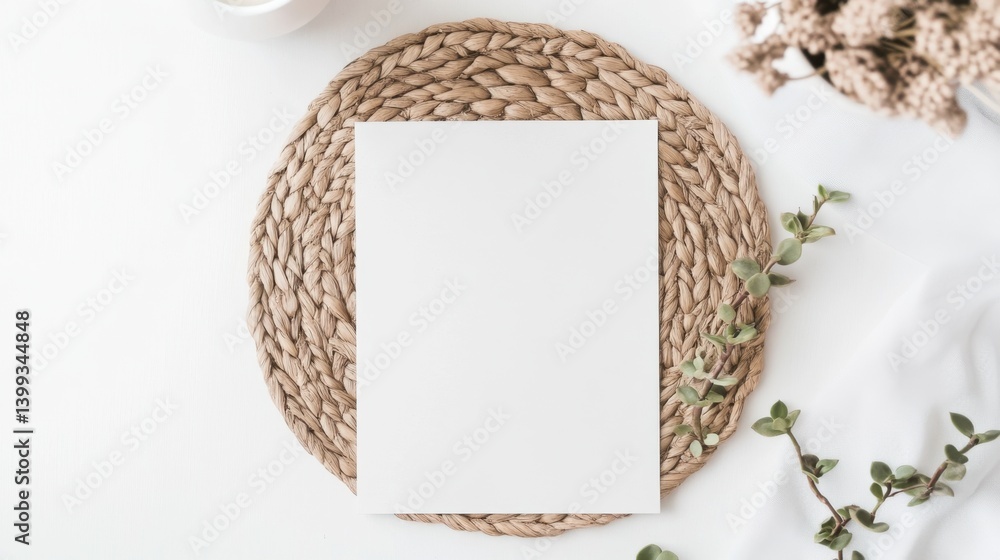 Poster a minimalist setup featuring a blank sheet on a woven placemat with subtle greenery, creating a sere