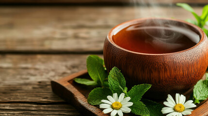 Steaming Herbal Tea in Wooden Bowl with Fresh Mint Leaves and Daisies on Rustic Wooden Surface