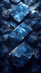 Polished dark stone surface, reflective sheen, sharp diagonal lines, dramatic low angle, cool blue illumination.