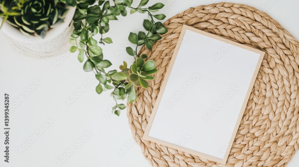 Poster a blank notepad rests on a woven placemat, surrounded by lush greenery, creating a serene and inviti