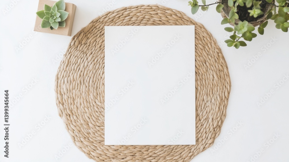 Poster a minimalistic workspace featuring a blank sheet of paper on a woven mat, accompanied by a small pot