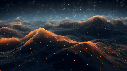 Fototapeta premium A mystical, glowing mountain range under a starlit sky, with warm orange peaks and a dark, intricate network of lines creating a surreal landscape.