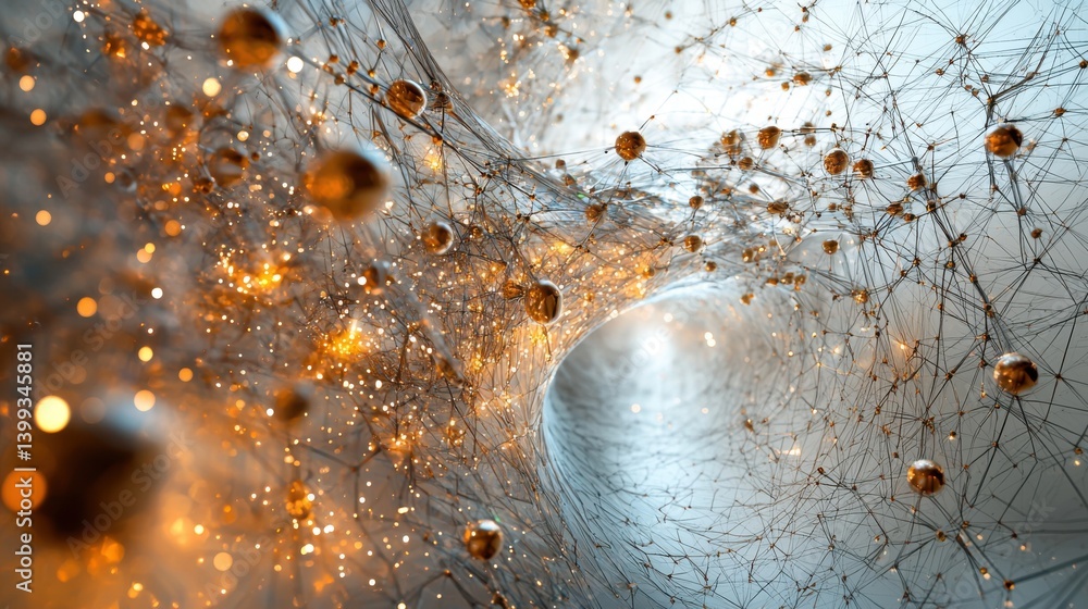 Poster a captivating abstract image showcasing a network of intricate lines and glowing spheres, representi