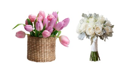 Two beautiful flower bouquets isolated on white background, perfect for design projects, greeting cards, wedding decor, or spring-themed visuals with copy space.