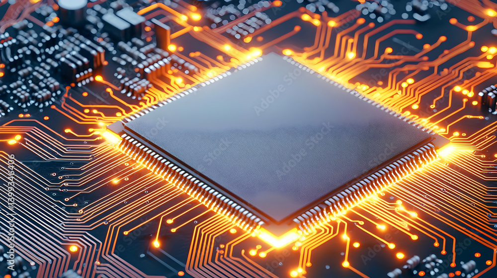 Poster closeup view of glowing microchip on circuit board