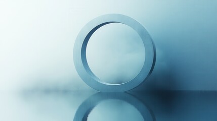 A smooth, circular metal ring stands against a soft, misty background, reflecting light in a serene, minimalist setting.