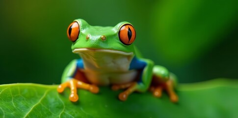 Naklejka premium White lipped tree frog camouflaged on leaf with beautiful orange eyes, colorful, wildlife, bright