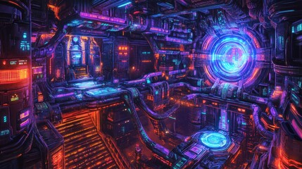 A high-tech, dense labyrinth of cybernetic cables, gears, and glowing neon panels. background wallpaper AI generated image