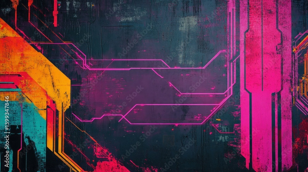 Poster bright neon circuit lines, with empty center space for adding mockup elements, background wallpaper 