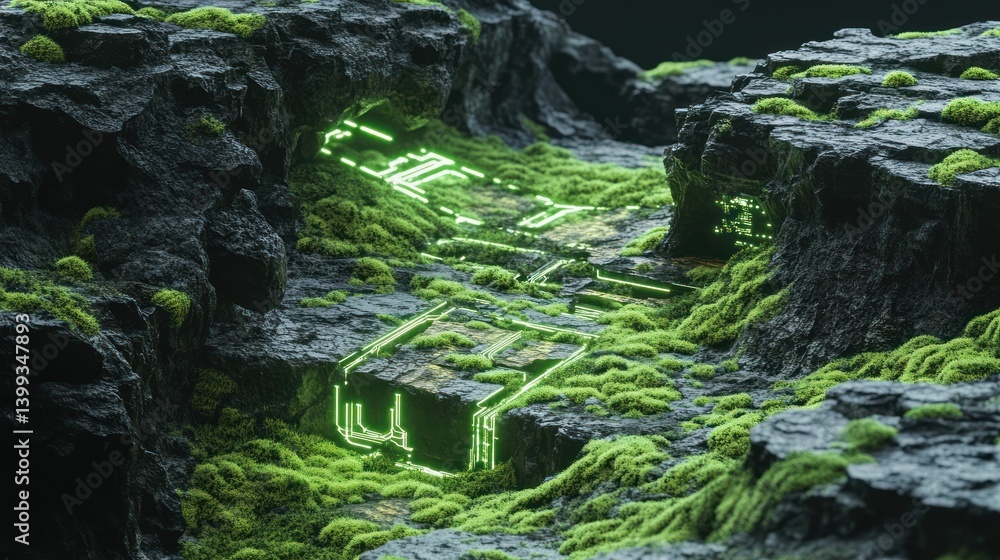 Poster a futuristic view of pulsing glowing circuits beneath a rich green rock layer covered in moss backgr