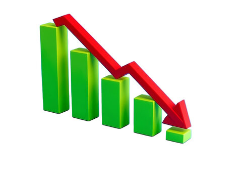  Declining bar graph with red arrow indicating decrease in data over categories or time, visualizing negative trends, statistical progression, PNG file isolate on transparent background, cut out
