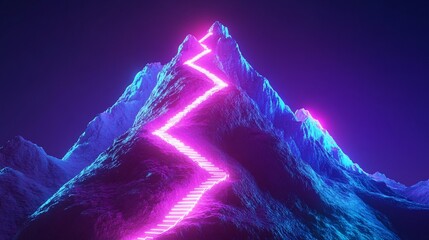 Futuristic Neon Stairway to the Mountain Peak in a Digital Landscape