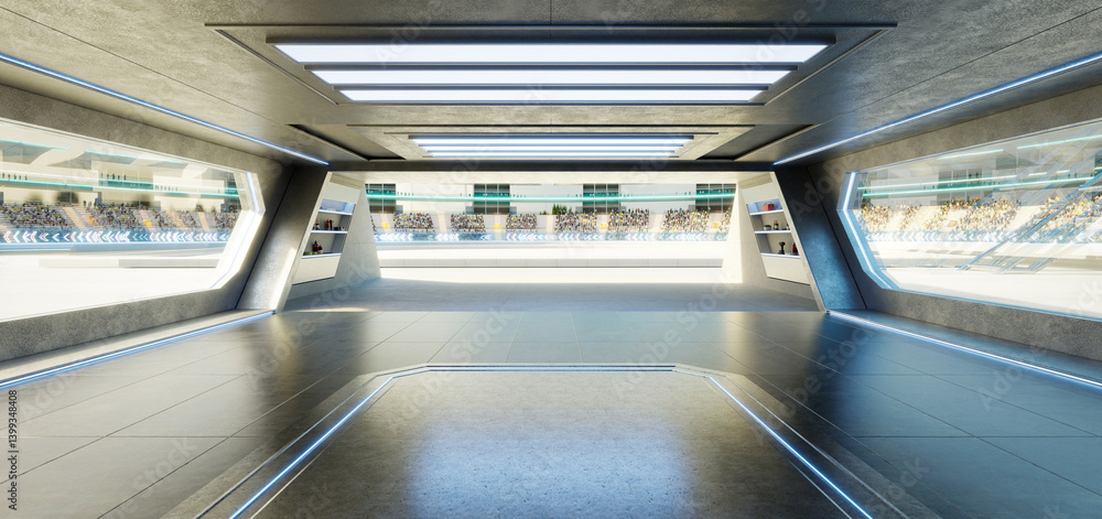 Poster 3d rendering futuristic garage overlooking racetrack with spectators
