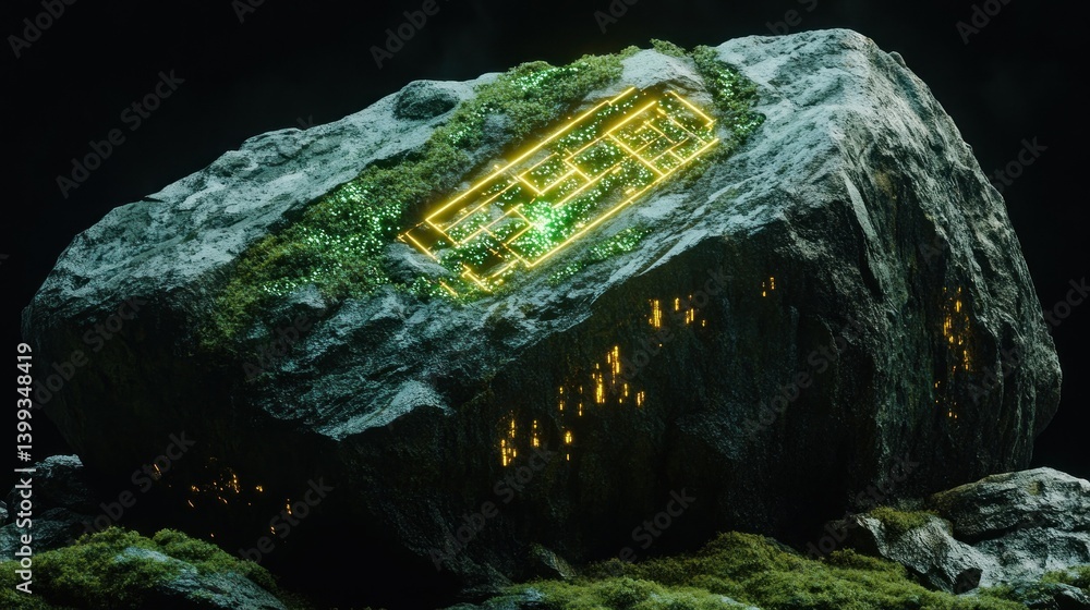 Poster futuristic stone texture covered in soft green moss, embedded with a glowing circuit matrix backgrou