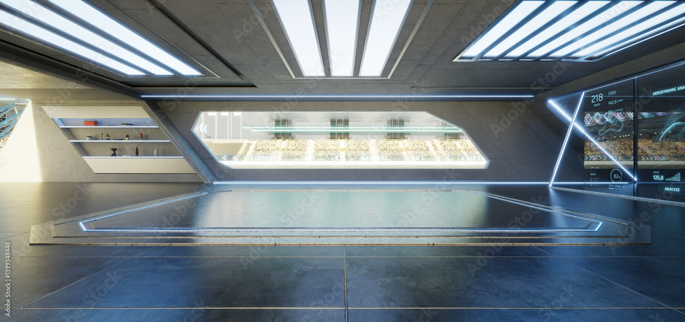 Aufkleber 3d rendering futuristic garage showing racetrack and performance analysis on screens