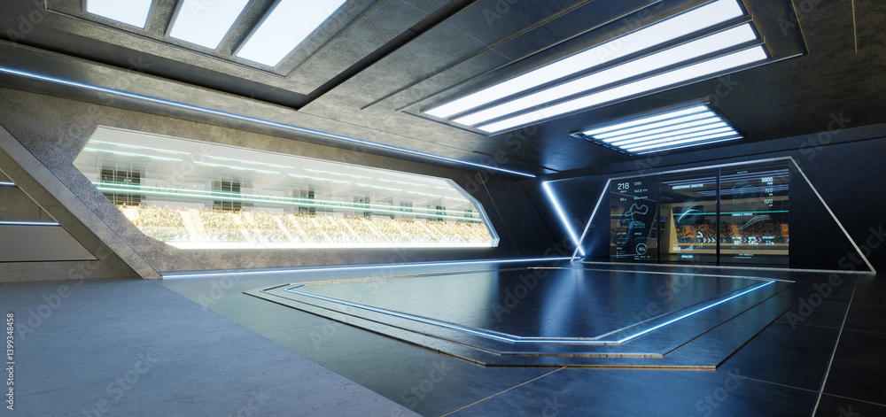 Poster 3d rendering futuristic garage showing racetrack and performance analysis on screens