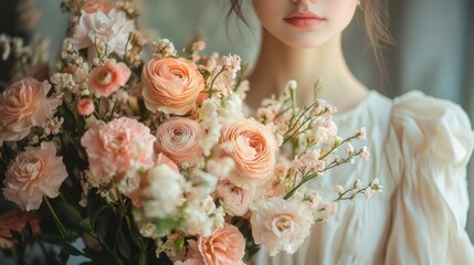 Naklejka premium A serene portrait of a woman holding a bouquet of soft pink flowers, embodying elegance and natural beauty.