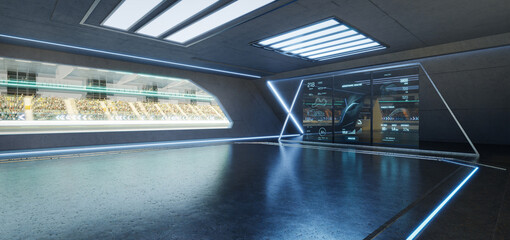 3D rendering Futuristic garage with racetrack and digital display showing race statistics