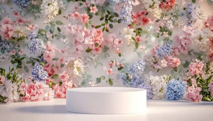 Floral backdrop with round display podium.  Delicate pastel flowers in various shades of pink, blue, and white.  Soft lighting creates a serene atmosphere.  Ideal for showcasing products