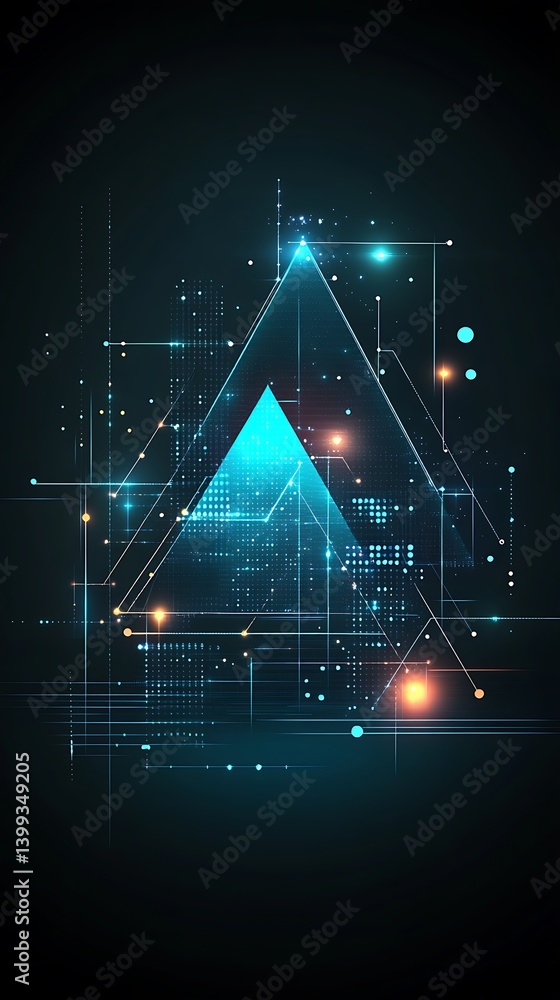Poster cybernetic triangle network with glowing nodes and digital connections