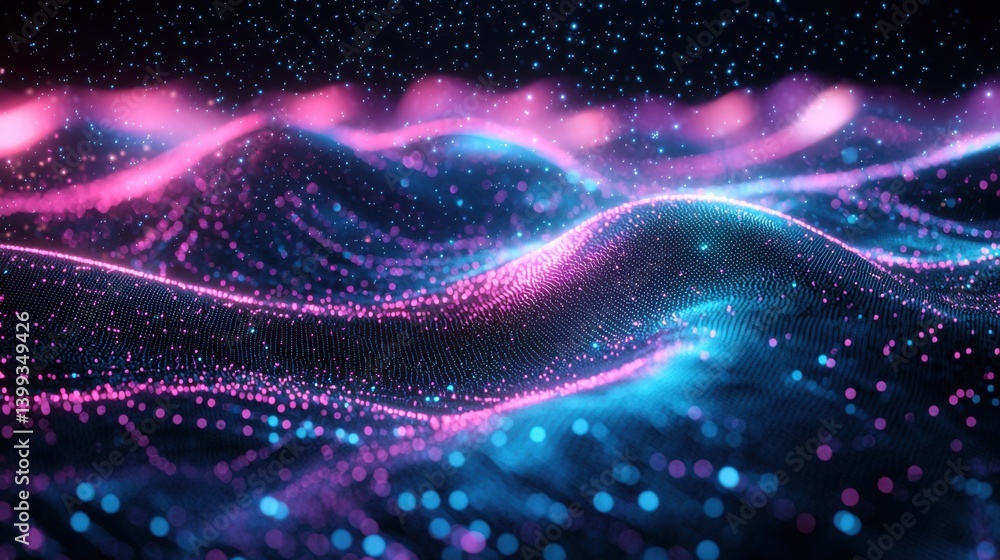 Poster a vibrant digital landscape featuring flowing waves of colorful particles in pink and blue hues, cre