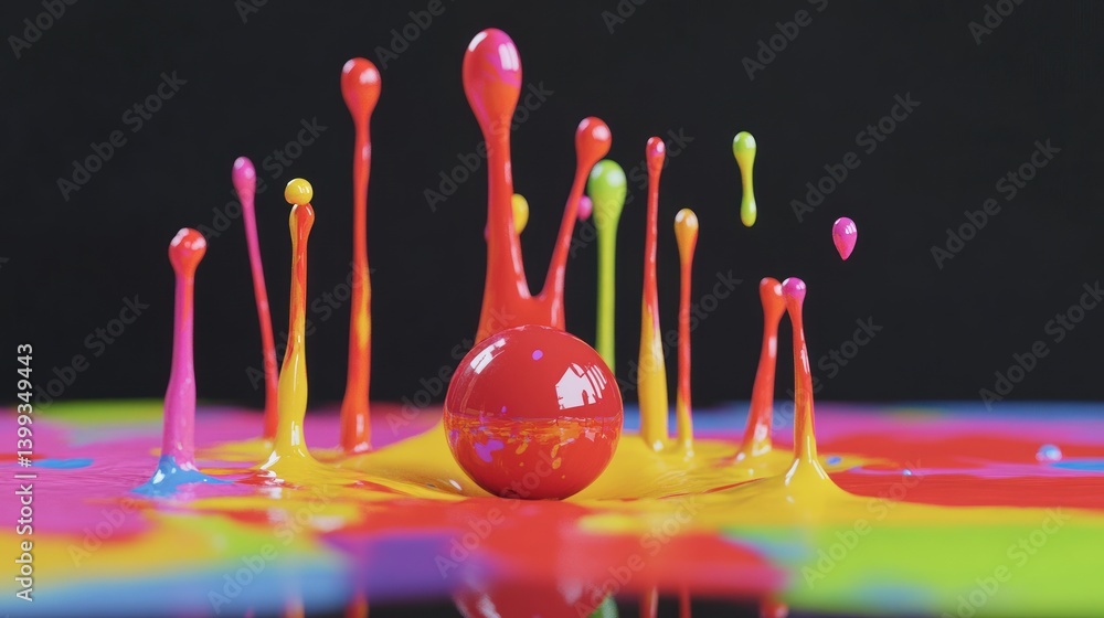 Poster vibrant red sphere impacting colorful paint, creating dynamic splashes and droplets.