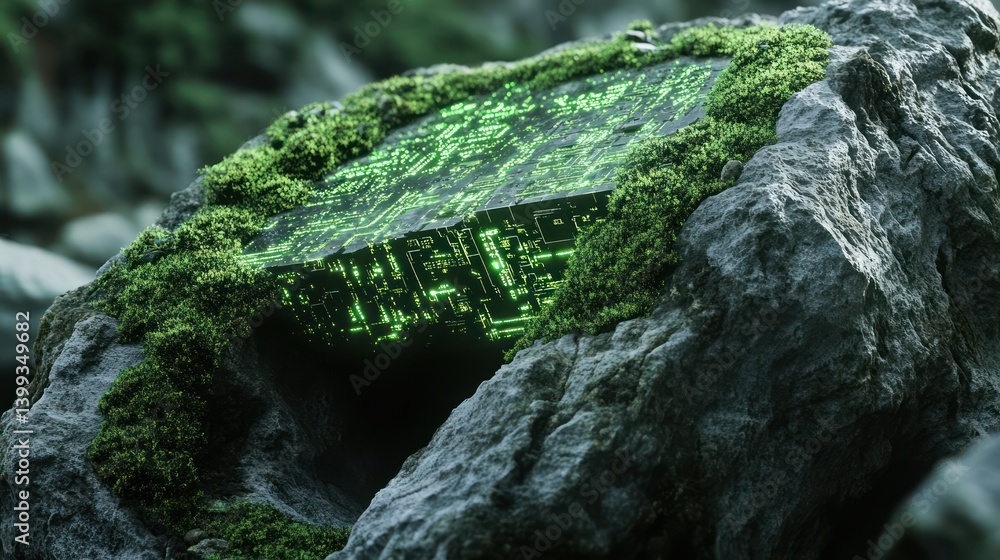 Poster futuristic stone texture covered in soft green moss, embedded with a glowing circuit matrix backgrou