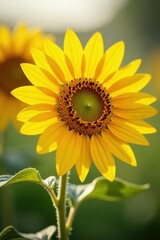 Fototapeta premium A vibrant yellow sunflower in full bloom, bathed in soft sunlight, stands tall against a gently blurred green background, showcasing the intricate details of its petals and the captivating center.