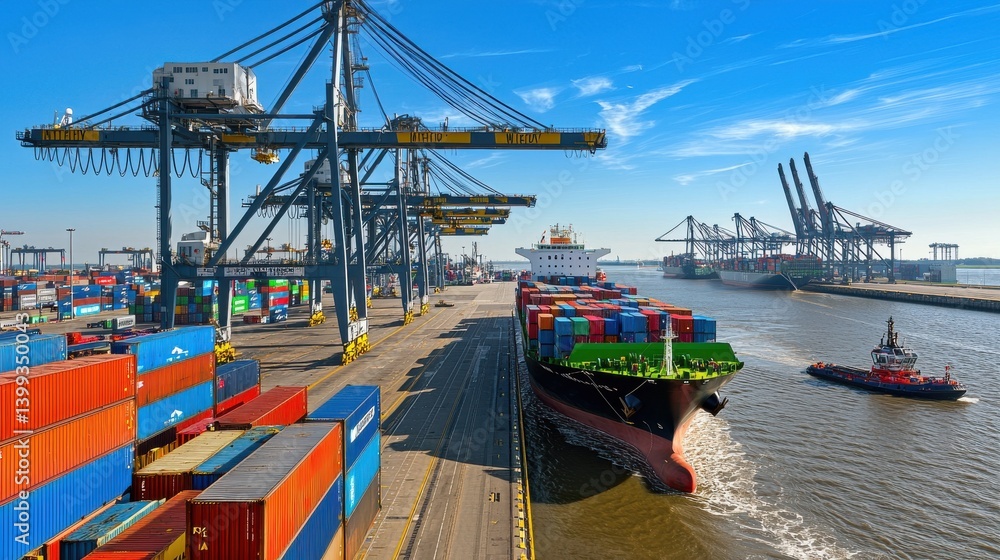 Poster aerial view of a busy cargo port with towering cranes and colorful shipping containers being loaded 