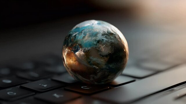 A globe rests on the keyboard, depicting Earth's continents and oceans. Shallow focus. Dark, soft, and luminous