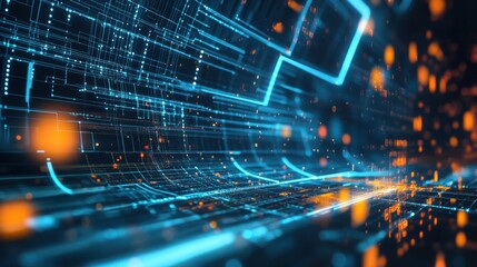 Obraz premium A vibrant digital landscape featuring glowing blue lines and orange dots, representing data flow and technology in a futuristic setting.